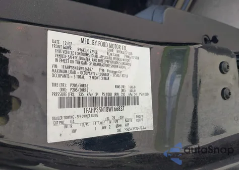 2008 Ford Focus Se/Ses из США, поврежденный, VIN 1FAHP35N18W166837